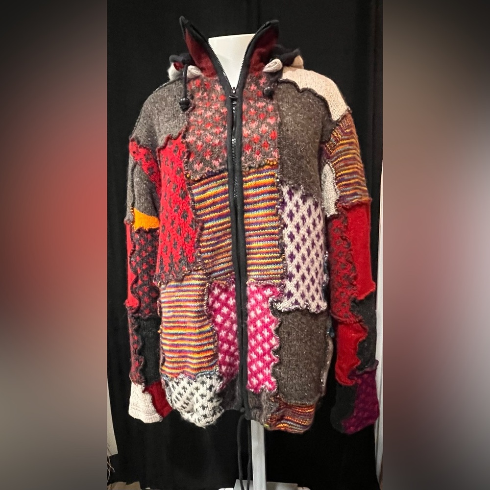 *Boho Wool Patchwork Knit Hooded Jacket Coat Multicolor Chunky Sweater XL
